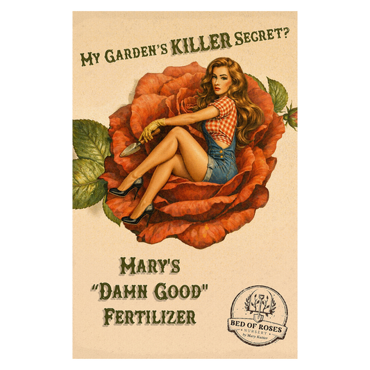 Vintage illustration of Mary Kutter sitting inside of a rose. The test reads "Mary's "Damn Good" Fertilizer"